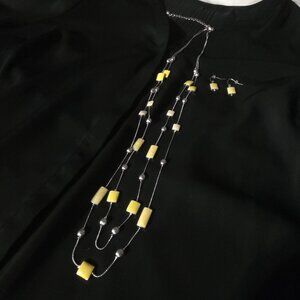 Yellow Beaded Long Necklace Earrings Set Layered 35" Statement